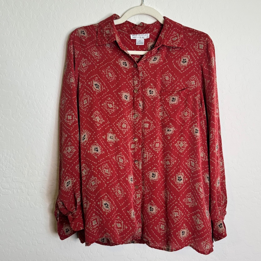 VTG Real Clothes Saks Fifth Avenue Medium Silk Medallion Blouse Old Money